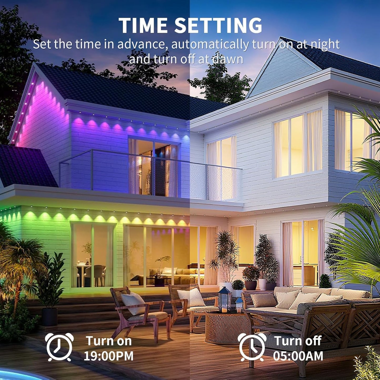 Permanent Outdoor Lights,100ft RGB + IC Smart LED Eaves Lights with App & Remote Control, IP67 Waterproof,for Christmas and All Holiday Decor,Daily and Accent Lighting,House Roof and Garden Lighting