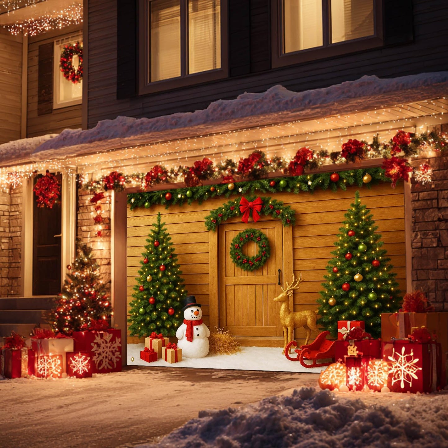 HOMETITUTE Christmas Garage Door Banner 13x6ft Christmas Trees Snowman Theme Backdrop Seasonal Christmas Decor Winter Door Cover Banners for Outside Garage Wall Covering for Party Garage