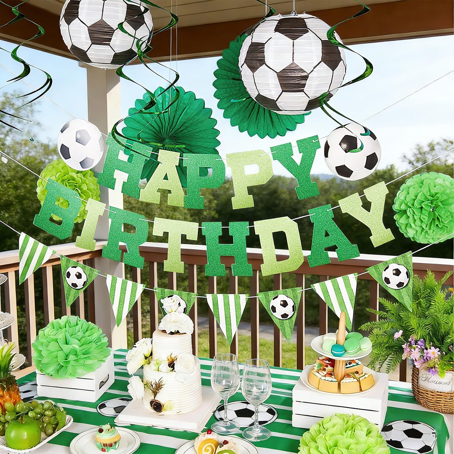 OBBOLO Soccer Birthday Party Decorations, Pre-Strung Soccer Birthday Banners, Including 2 Soccer Ball Paper Lanterns, Green Paper Fans and Pompoms for Boys Birthdays, Sports Party Decorations