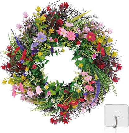 Daisy and Lavender Wildflower Spring and Summer Artificial Spring Wreath Silk Summer for Front Door Home Wall Wedding Festival Farmhouse Holiday Decor with Peg (18 inches)