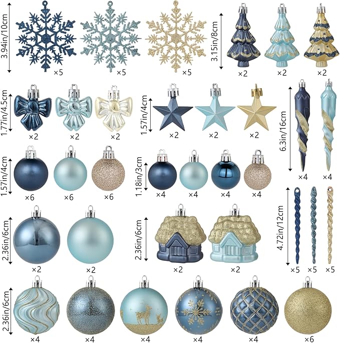 124Ct Blue and Gold Christmas Tree Ornaments Set, Shatterproof Assorted Christmas Decorations for Xmas Tree Snowflake Icicle House Ball Ornaments Baubles for Holiday Party Decor（Blue & Gold）