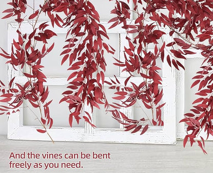 RECUTMS Artificial Hanging Willow Leaves Vine Twigs 2Pcs 5.7Ft Fake Silk Burgundy Leaf Ivy Fall Garland Faux Greenery Indoor Outdoor Valentines Day Wedding Birthday Christmas Thanksgiving Party Decor
