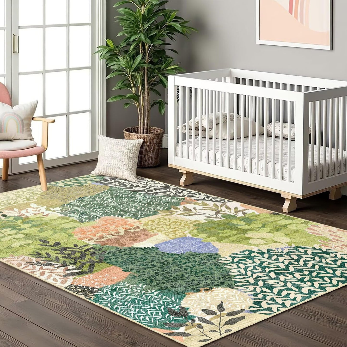 DEXDE Washable Area Rug 3x5 for Living Room, Tropical Vintage Leaf Botanical Rugs Non Slip Soft Kids Room,Abstract Small Boho Carpet for Bedroom, Entryway, Kitchen, Office Dining Room,Green