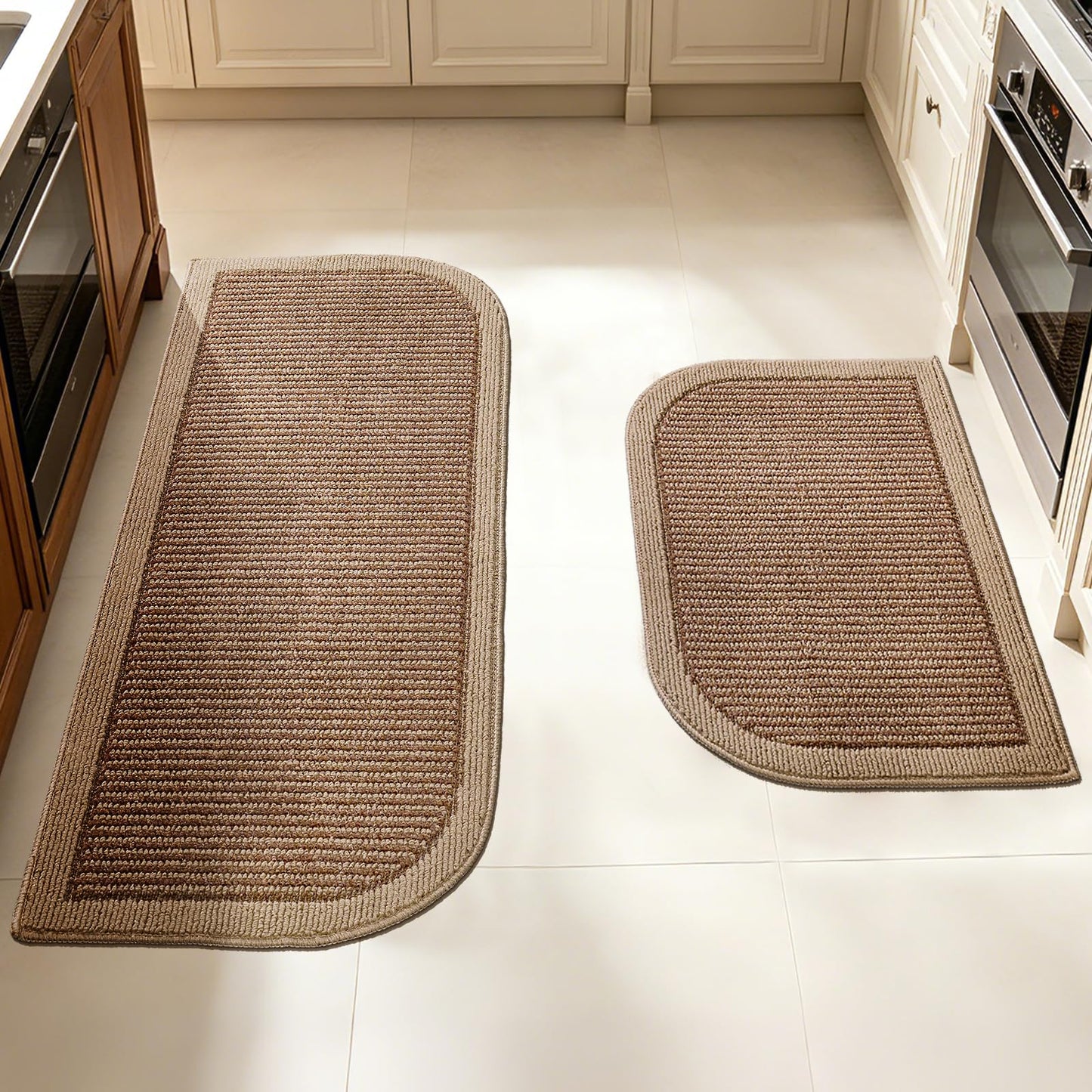 IGTXJORH Kitchen Rugs Set of 2, Non Slip Absorbent Washable Floor Mats Kitchen Runner Rugs, Half Moon Standing Runner Rug for Kitchen Sink and Laundry, 20"x32" + 20"x48", Brown