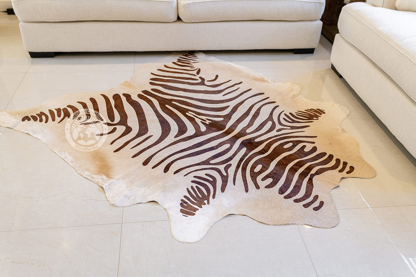Sunshine Cowhides 100% Genuine Zebra Print Brown on Beige Cowhide Rug - Modern Style Animal Skin Rug & Floor Carpet for Living Room, Bedroom, Kitchen & More - Large (6x6-7ft)