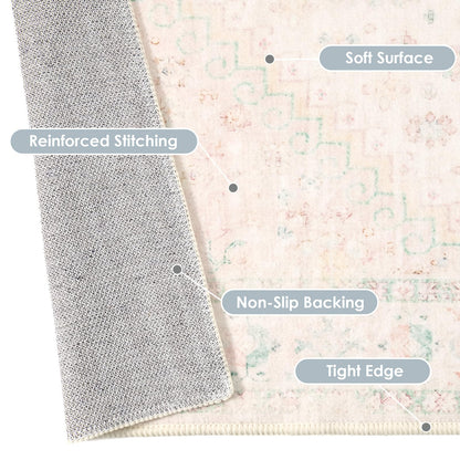 MUJOO 5x7 Area Rugs Washable,Boho Rug for Living Room Bedroom Dining Room Office,Large Throw Carpet,Non Slip Big Soft Indoor Low Pile Light Pink and Green