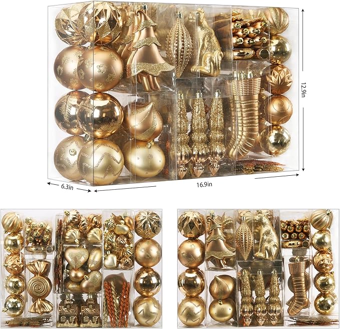 SHareconn 145pcs Christmas Balls Ornaments Set, Shatterproof Plastic Baubles Snowflakes, Stars and Tree Topper for Xmas Tree Holiday Wedding Party Decorations with Hanging Strings, Bronze Gold