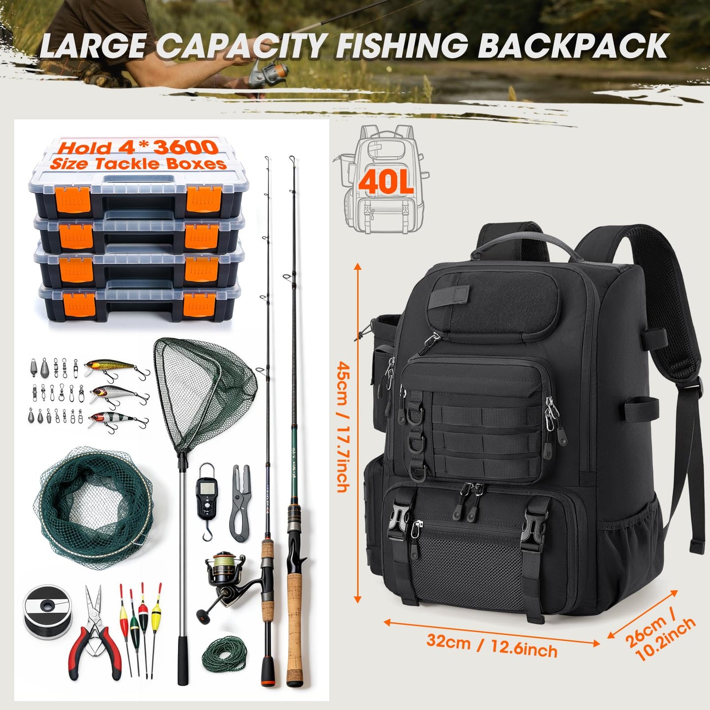RAINSMORE 40L Fishing Backpack with Rod Holders & Cooler Compartment Water-Resistant Fishing Tackle Backpack with Rain Cover, Fits 4 x 3600 Boxes, Outdoor Gear Pack for Fishing & Camping