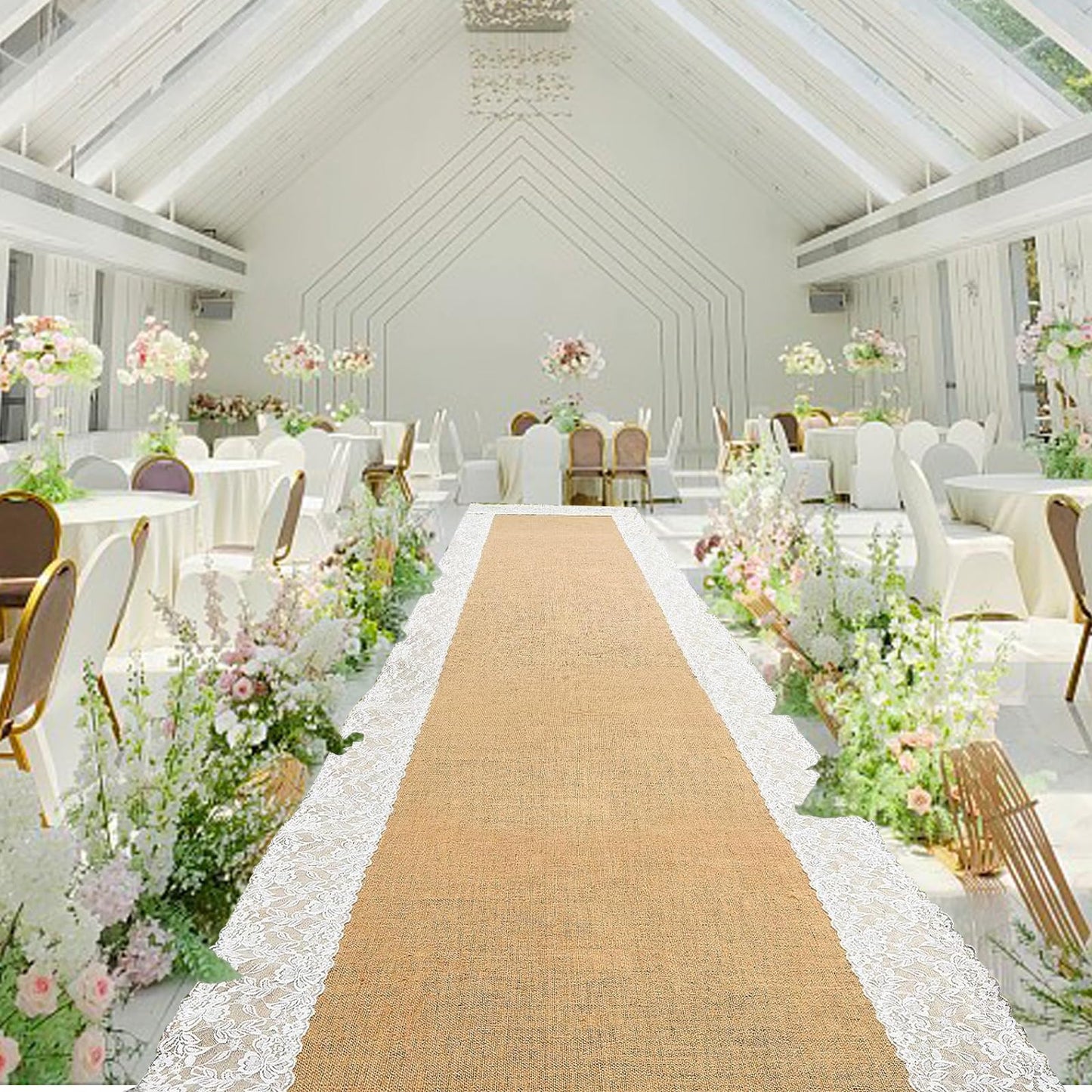 FUYITE Burlap Aisle Runner for Wedding Ceremony, 3ft x 30ft Natural Burlap Wedding Aisle Runner with Lace, Jute Vintage Seamless Rustic Charm Wedding Runner Aisle Outdoor, Jute