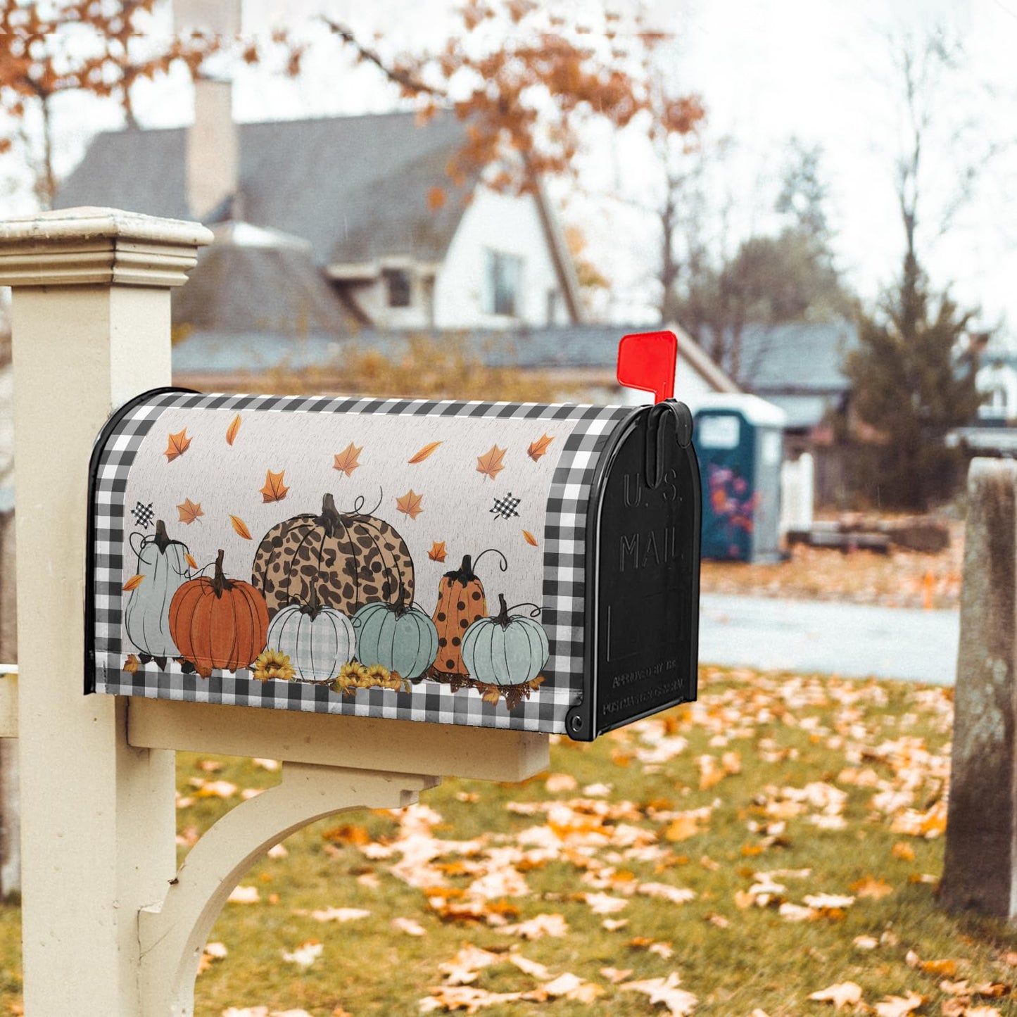 Fall Magnetic Mailbox Covers Buffalo Plaid Harvest Pumpkin Post Wraps Pumpkins Maple Leaf Decorative Waterproof Mail Box Covers Autumn Thanksgiving Holiday Letter Box Cover for Garden Yard 25.5x21inch
