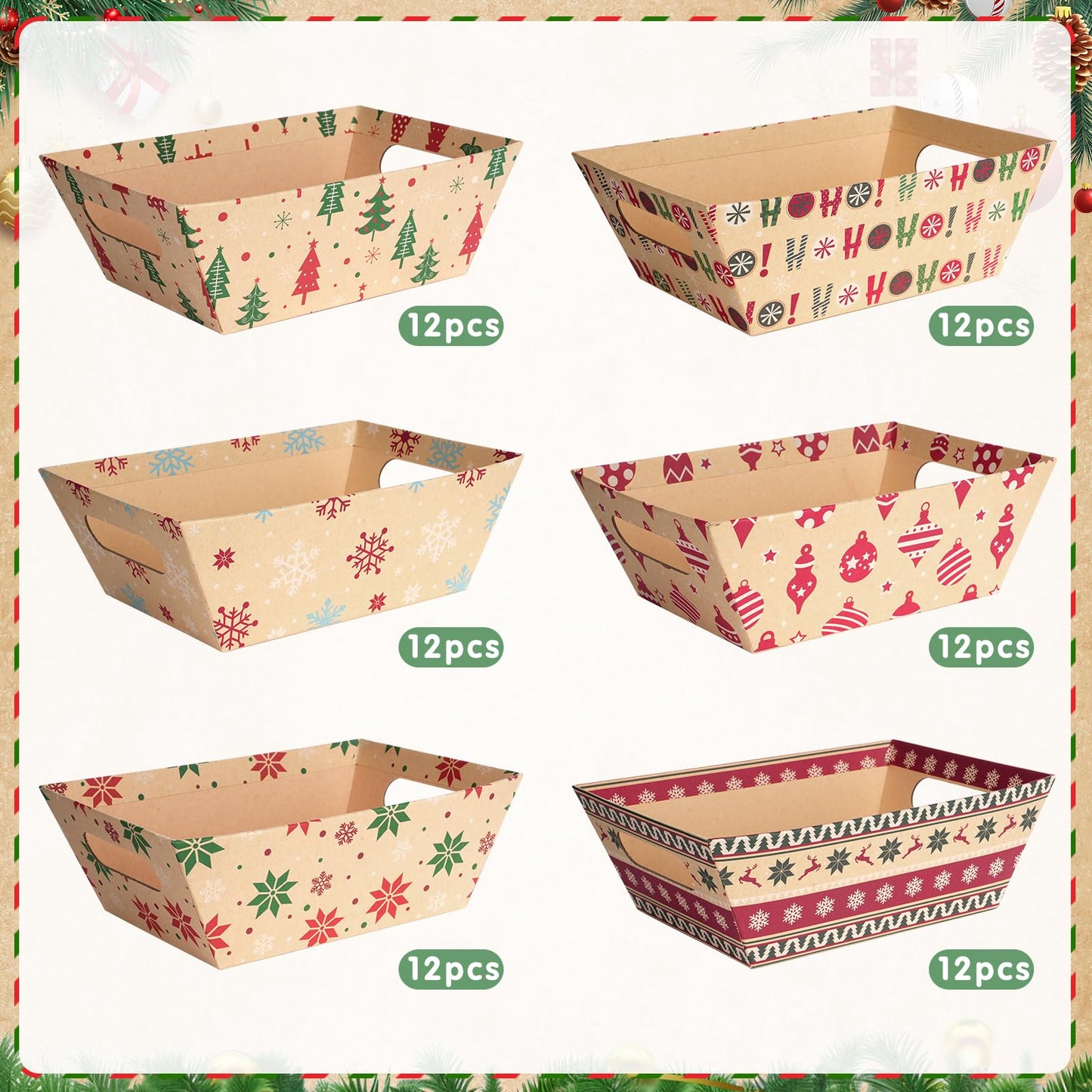Pascliyna 12 Set Christmas Gift Baskets Empty 10x7 Inch, Kraft Paper Christmas Gifts Baskets with Cellophane Bags and Red Pull Bows, Reusable Gift Wrapping for Xmas Holiday Winter Party Supplies