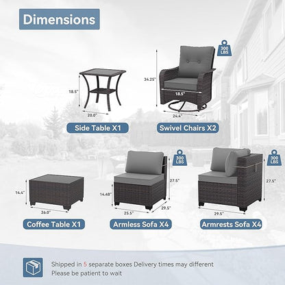 Kurapika 12 Pieces Patio Furniture Set, Rattan Wicker Sofa Set, Outdoor Conversation Sets w/Swivel Rocking Chairs Patio Sectional Sofa w/4 Inch Cushion, Grey