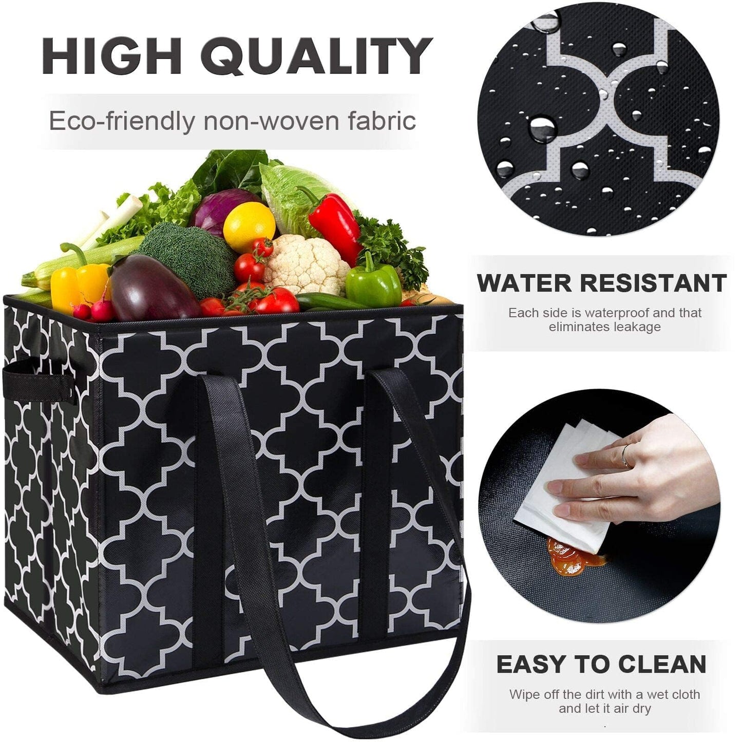 WISELIFE Reusable Grocery Bags 3-Pack Foldable Washable Large Storage Bins Basket Water Resistant Shopping Tote Bag Black