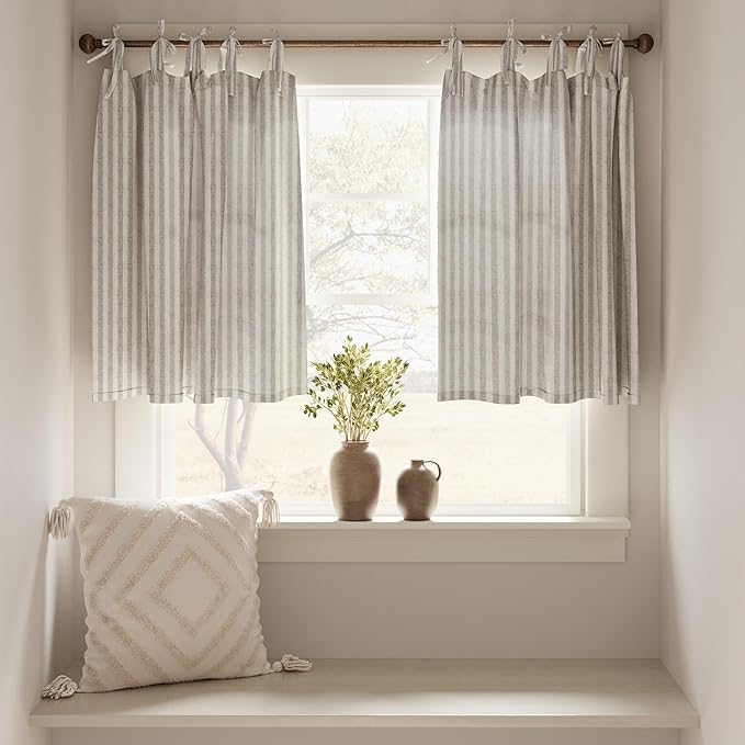 jinchan Tie Top Linen Kitchen Curtains 24 Inch Length Striped Tier Curtains Ticking Stripe Small Drapes for Living Room Bathroom Cafe Small Window Farmhouse Rustic Rod Pocket 2 Panels Taupe Grey