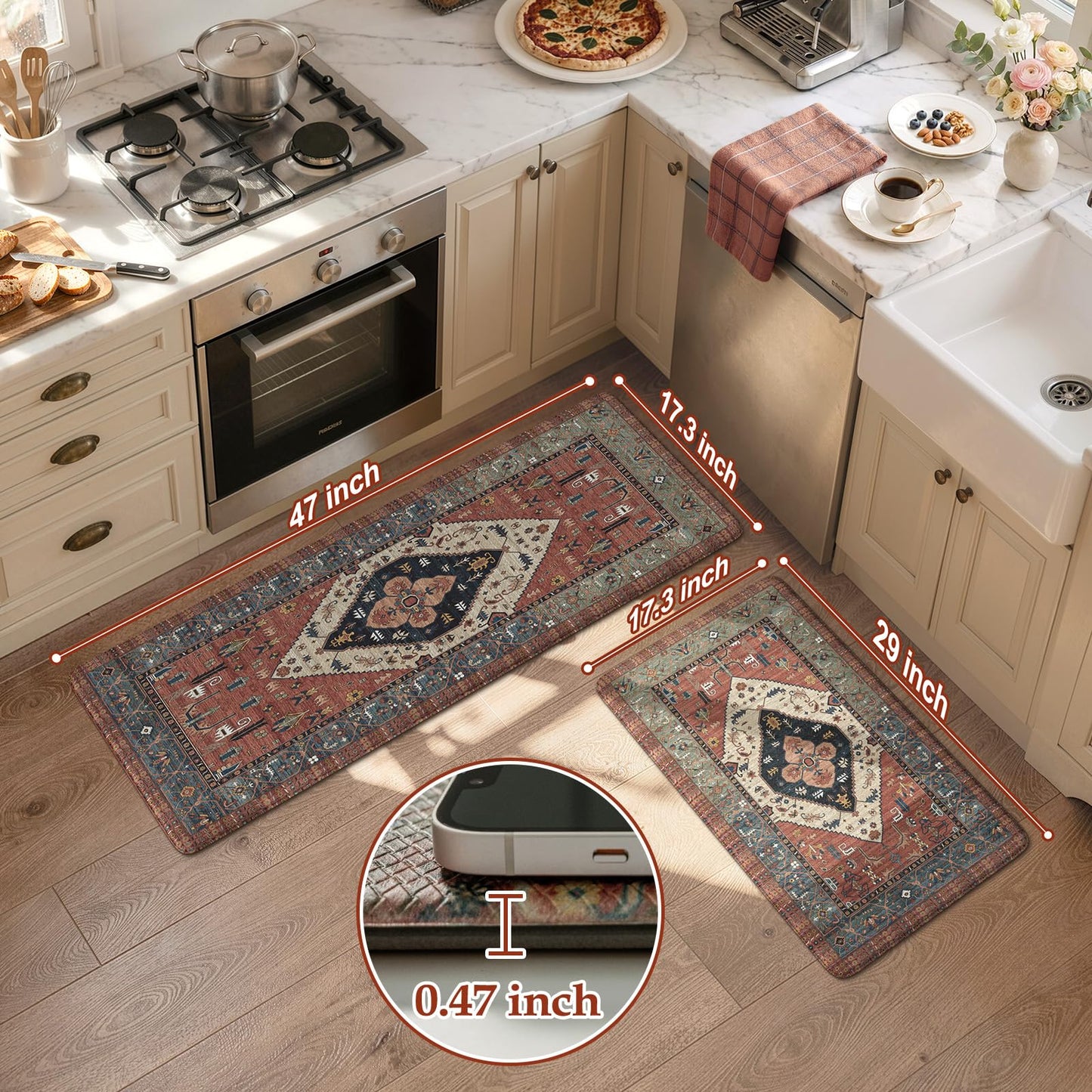KIMODE Farmhouse Kitchen Mats, Anti Fatigue Kitchen Rugs Sets of 2, Non Slip Waterproof Kitchen Floor Mats, Ergonomic Cushioned Comfort Standing Mat, Red Laundry Room Rug for Office, Sink, Desk