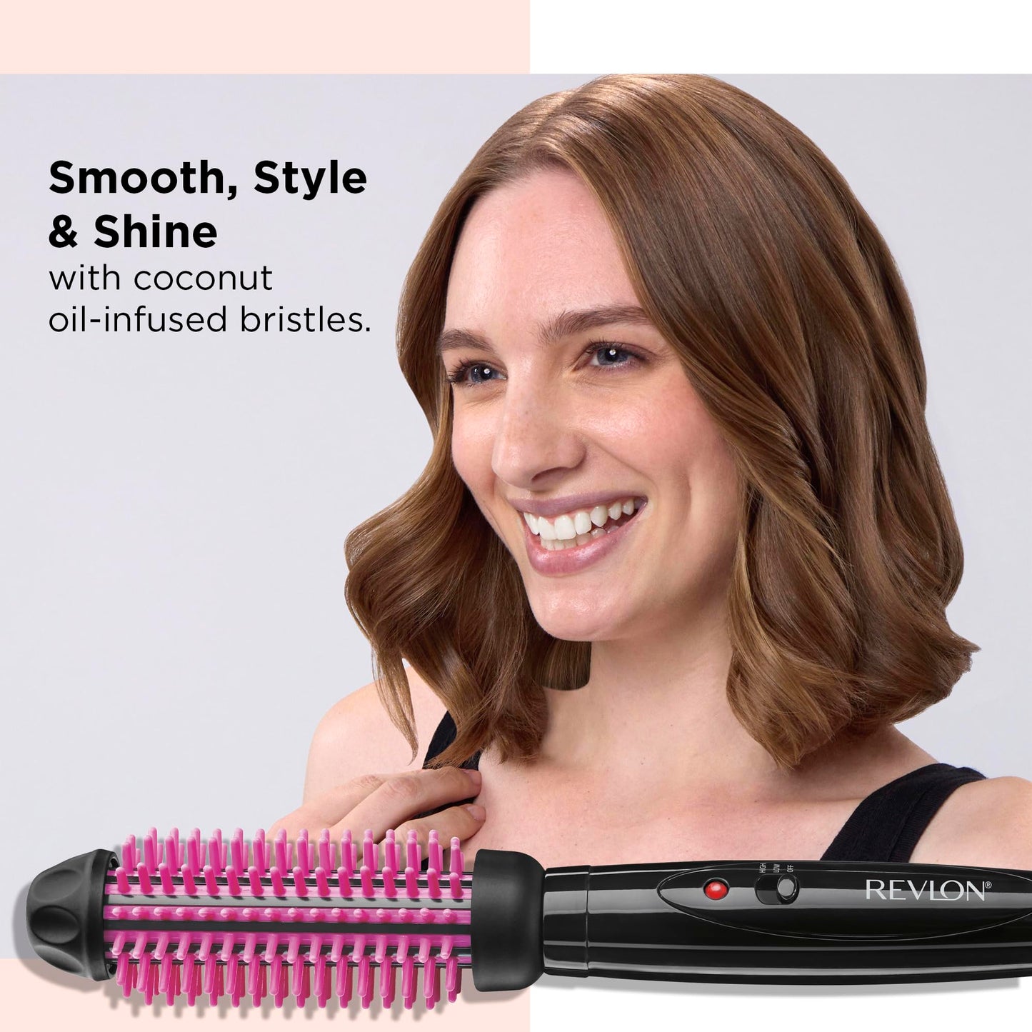 REVLON New and Improved SmoothStay Coconut Oil-Infused Heated Hair Styling Brush | 1” Barrel for Voluminous, Shiny Results (Black/Red)