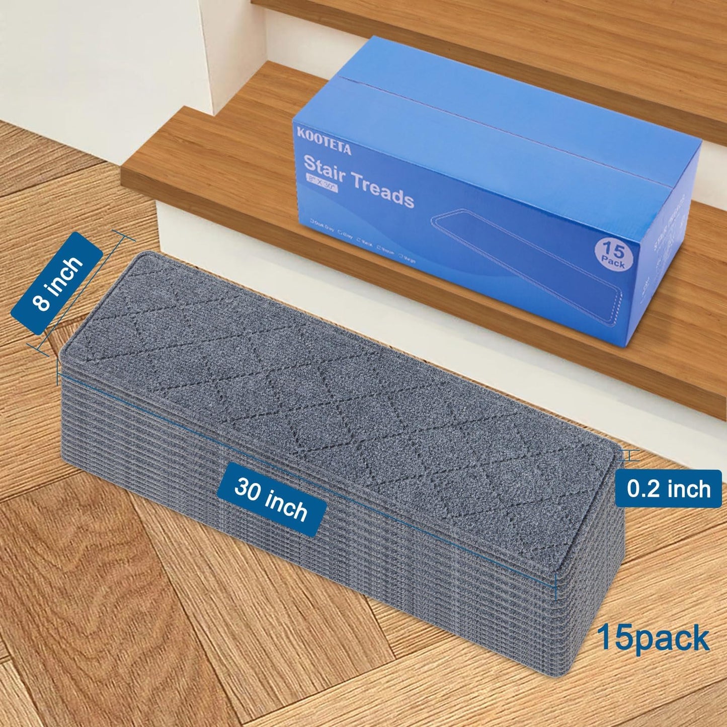KOOTETA Stair Treads for Wooden Steps Indoor, 15 Pack 8" X 30" Non Slip Carpet Stair Treads with Reusable Adhesive for Elders and Dogs, Surface Polyester TPR Backing Stair Runner Rugs, Dark Grey