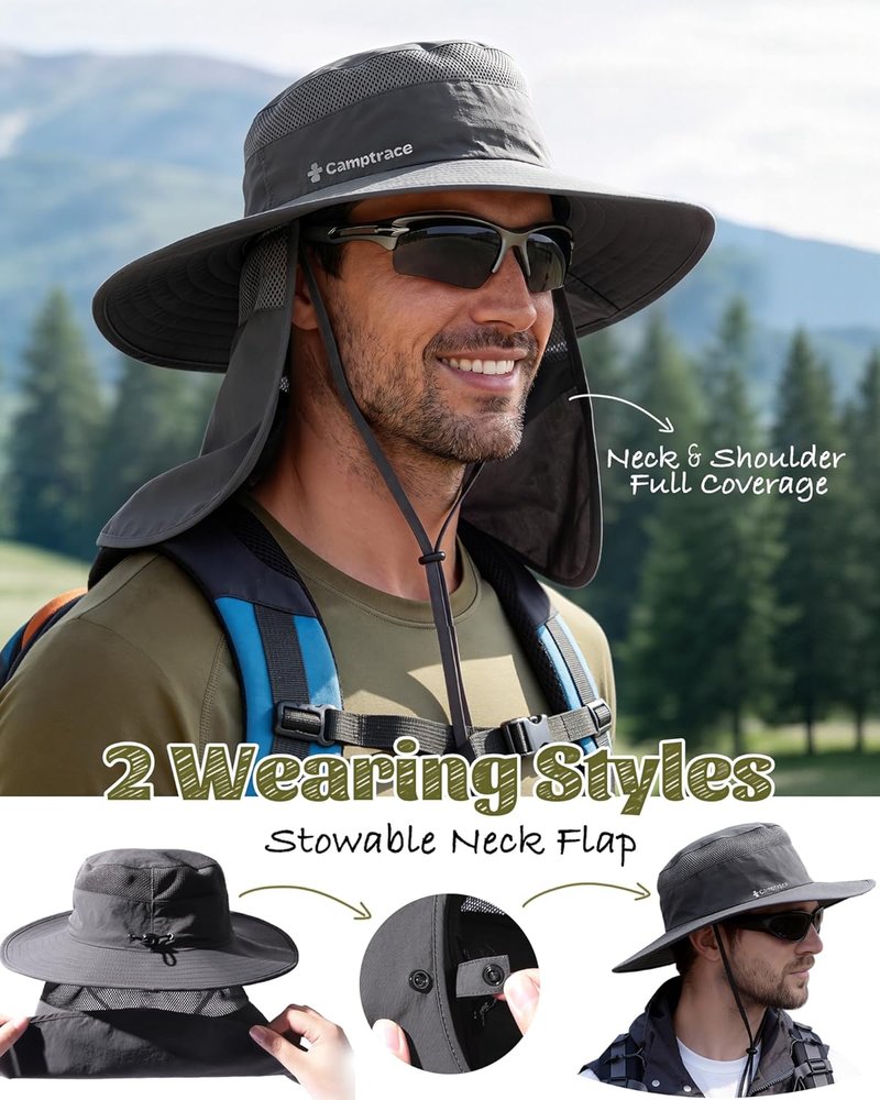 Camptrace UPF 80+ Sun Hat for Men & Women - Wide Brim Mesh Protection with Neck Flap | Ideal for Fishing, Hiking, Gardening