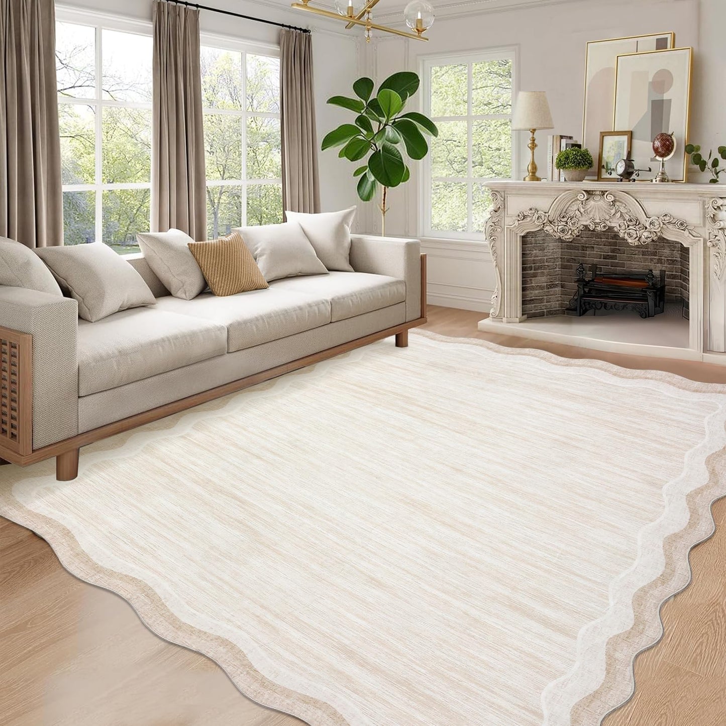 GarveeHome Washable Rugs 8x10 Scallop Solid Living Room Rug Scalloped Rug with Non-Slip Backing, Stain-Resistant Low Pile Easy Cleaning Rugs, Soft Modern Carpet for Bedroom Playroom Nursery,Beige