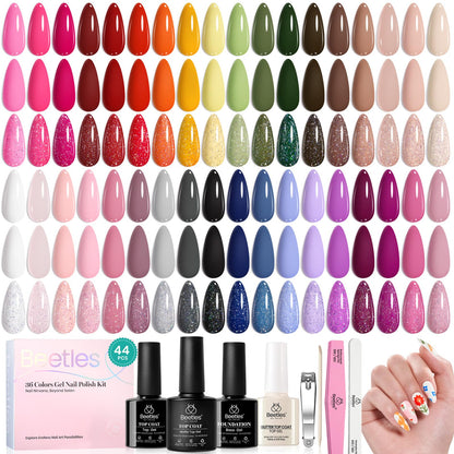 beetles Gel Polish 44pcs Fall Gel Nail Polish Set 36 Colors Brown Burgundy Red Blue Purple Orange Green Black Nude White with Base Top Coat UV LED Needed Salon DIY at Home Gift for Women Colorful Muse
