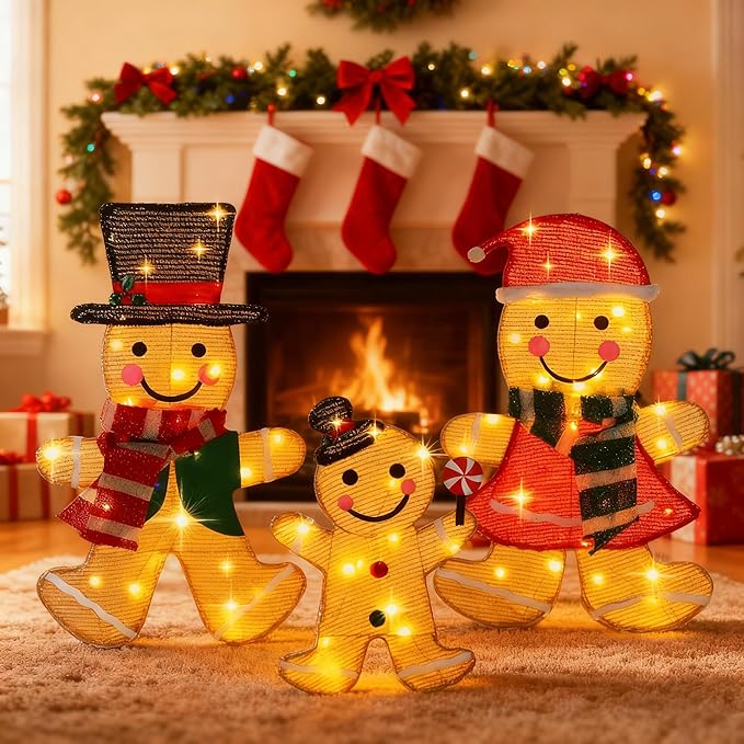 Light Up Gingerbread Man Christmas Decorations Outdoor, 53 LEDs Set of 3 Lawn Ornament, Outdoor Lighted Holiday Displays for Christmas Yard Decorations (Gingerbread Man)
