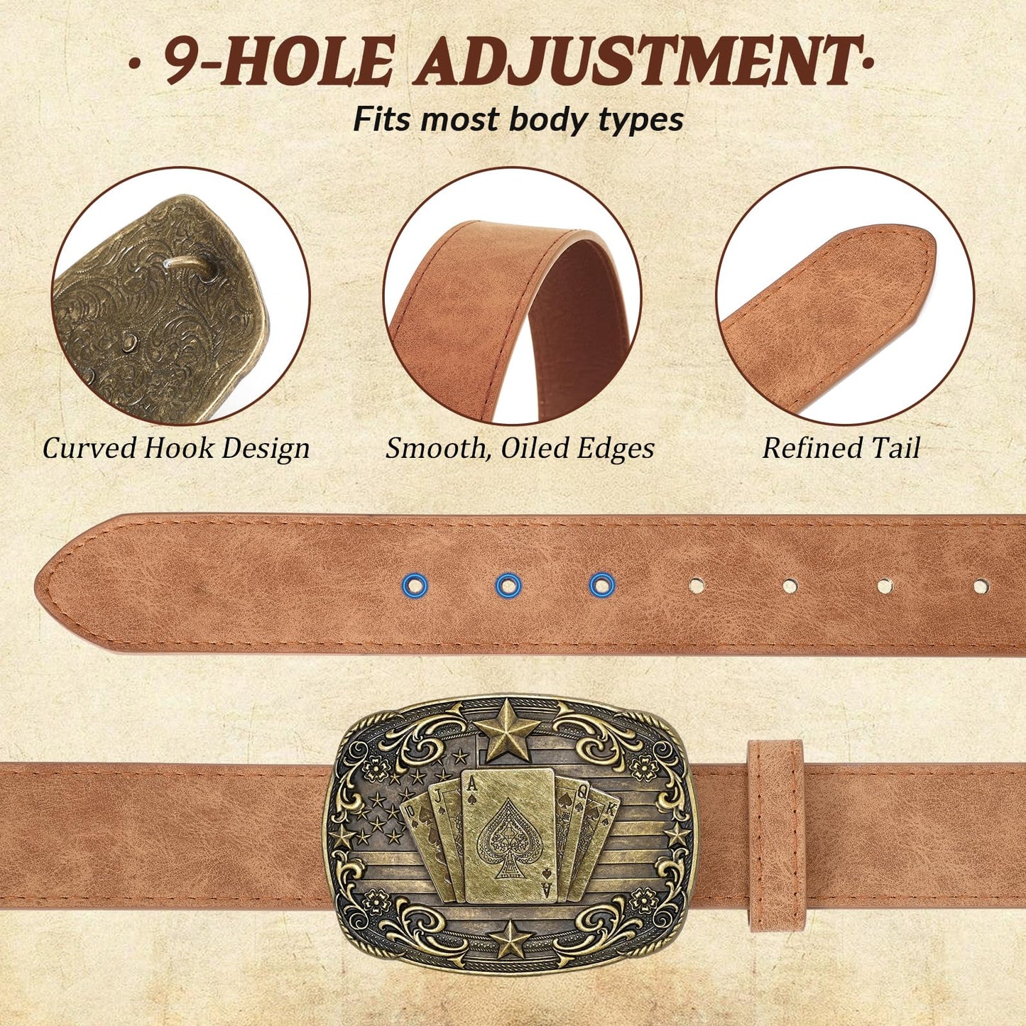 SANSTHS Cowboy Belts for Men Women - Western Belt and Buckle, PU-Leather Rodeo Cowgirl Belt for Jeans, Brown poker 1.5"