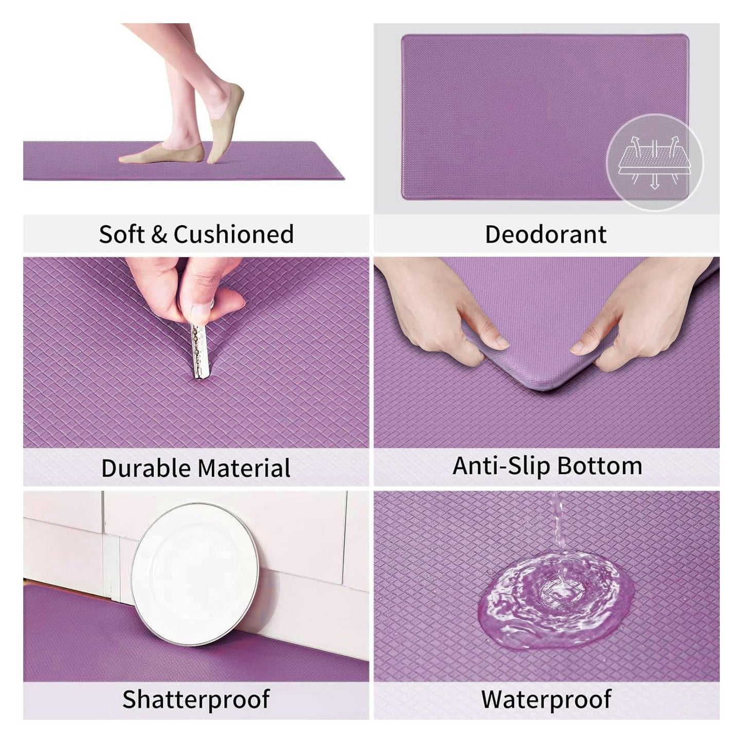 AUTODECO Kitchen Mats and Rugs Set of 2 - Cushioned Anti-Fatigue Kitchen Rug for Floor Washable 17"x29" +17"x59", Lightpurple