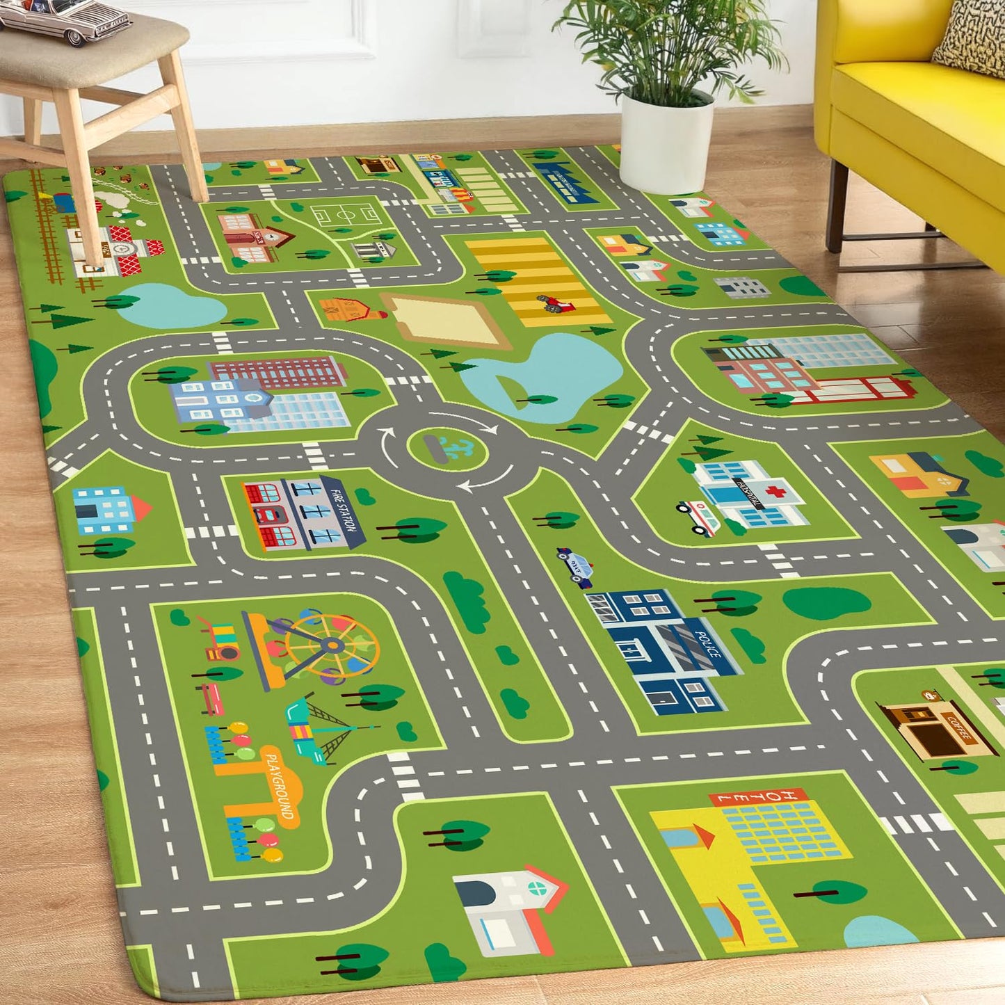 AUSTAB Kids Room Rug City Life Great for Playroom Classroom Bedroom - Non-Slip City Pretend Room Mat (Large- 5 x 7 FT)