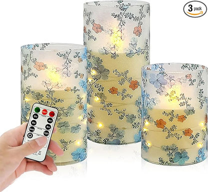 Printed Flameless Candles with String Lights - Set of 3 Battery Operated Candle Flickering Floral LED Pillar Candles with Timer Remote for Home Decor Romantic Ambiance,LT