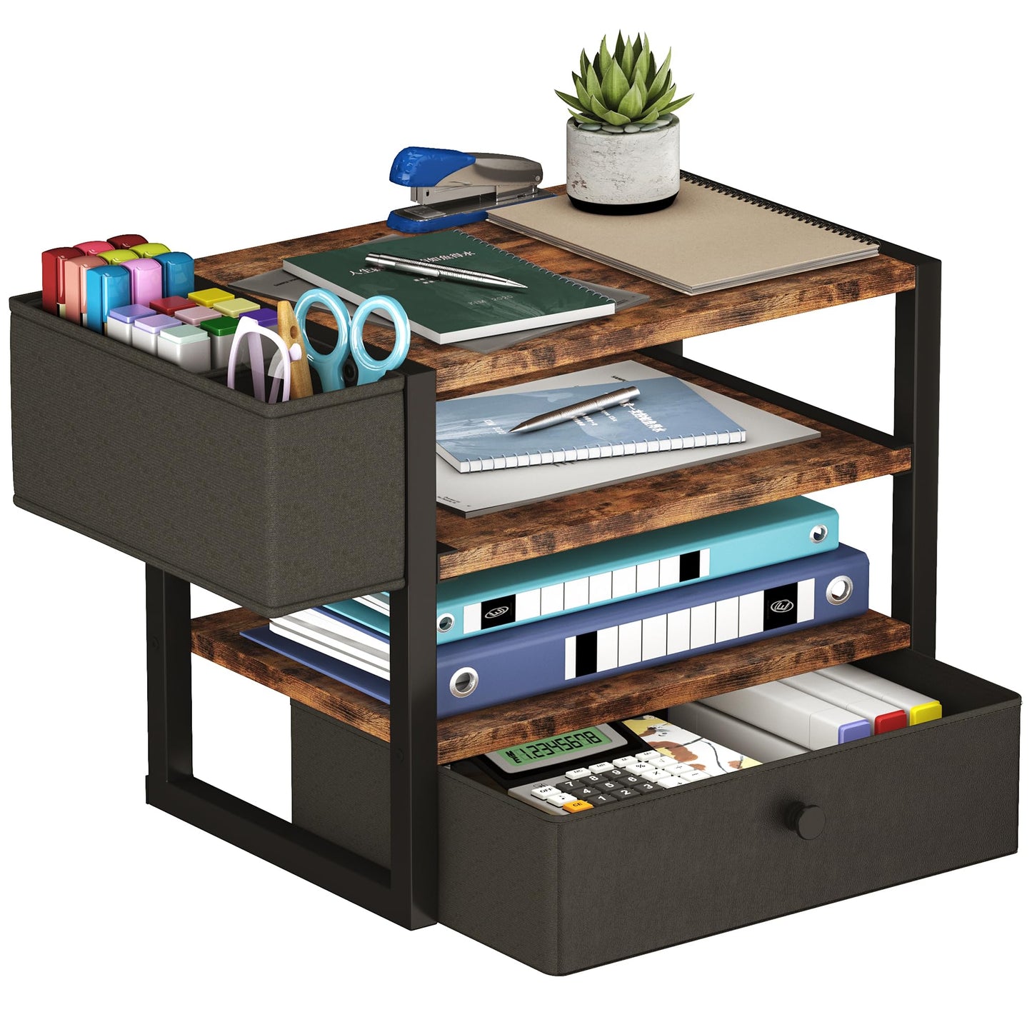 Desk Organizers and Accessories, 4-Tier Paper Letter Tray File Organizer with Fabric Drawer & 3 Pen Holder, Office Desk Accessories Workspace Desktop Organizer for Office Supplies, Rustic Brown