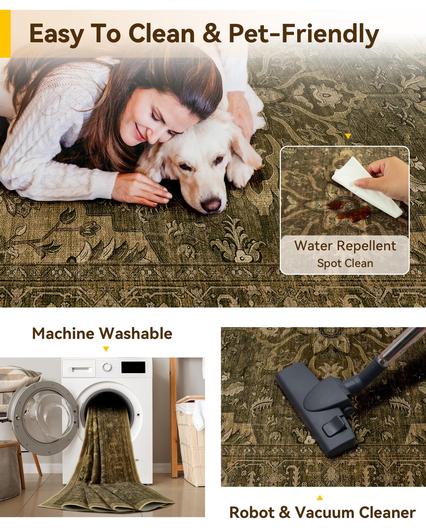 RELEANY Area Rugs 5'x7' Washable Non-Slip, Floral Vintage Distress Medallion Carpet for Living Room Bedroom Dining Room, Brown Dark Brown