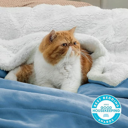 Bedsure GentleSoft Sherpa Fleece Throw Blanket for Couch - Thick and Warm Throw for Men, Soft Fuzzy Plush Blanket for Winter, Washed Blue, 50x60 Inches