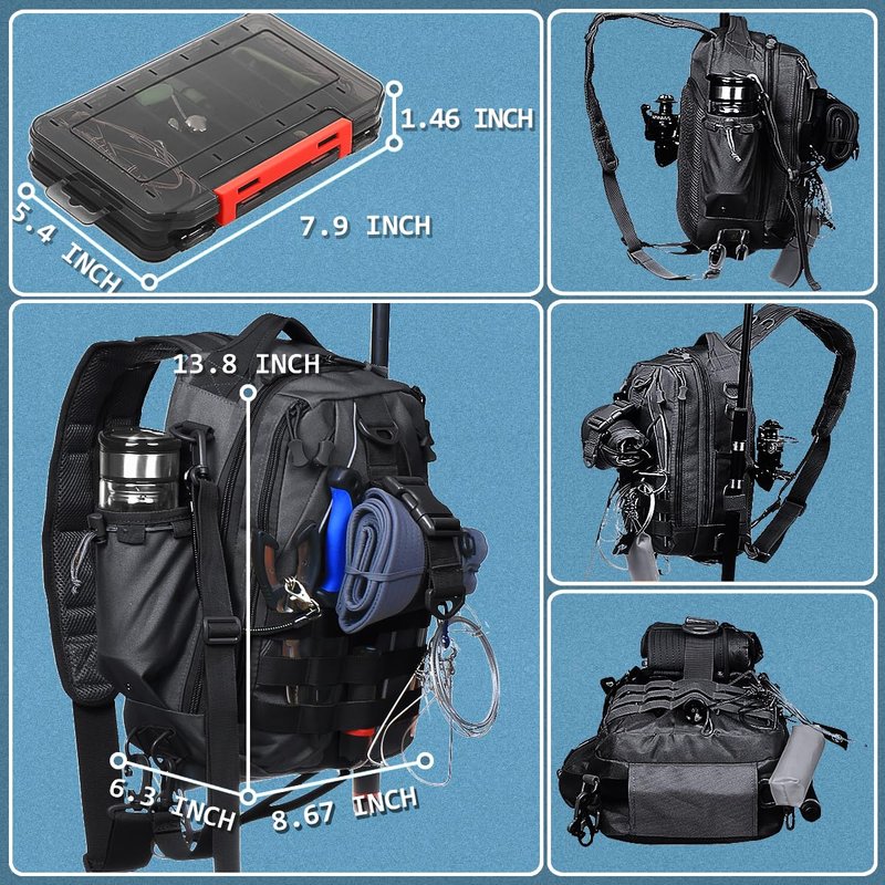Aertiavty Compact Fishing Tackle Bag with Tackle Box and Rod Holder - Outdoor Sport Fishing Backpack (Black, Small)