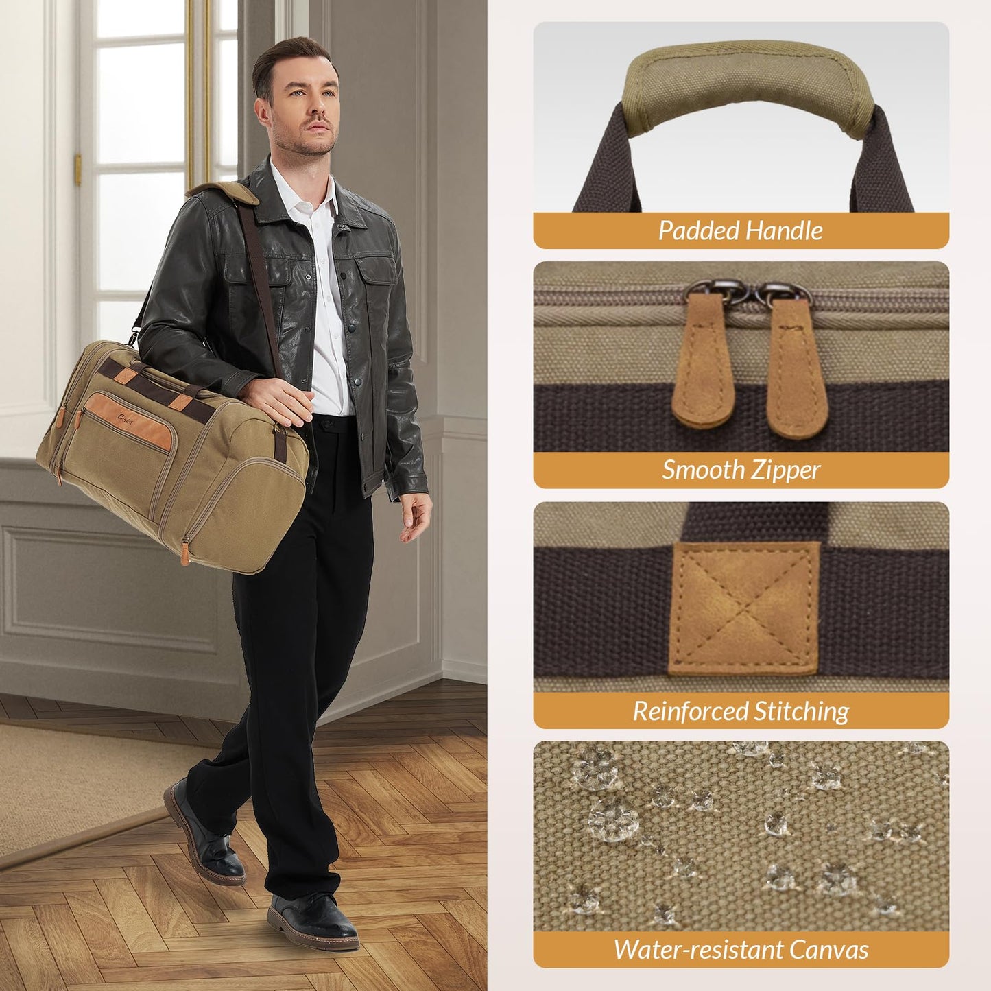 Celvetch Canvas Duffle Bag for Travel 50L Expandable Travel Duffel Bags for Men Women Weekender Overnight Bag with Shoes Compartment - Brown