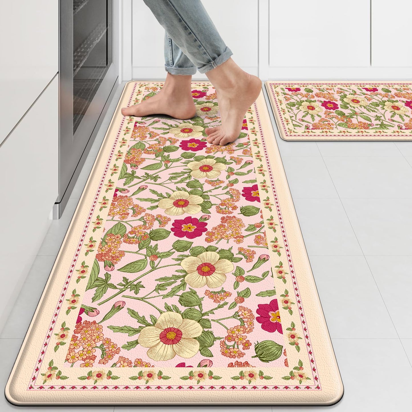 CHICNOOK Non-Slip Kitchen Mats, PVC Anti-Fatigue Kitchen Rugs Set of 2, Floral Runner Rugs for Kitchen Sink Area, Office, Hallway, Laundry, Entryway, Bedroom, 18x30,18x48 Inch,Pink