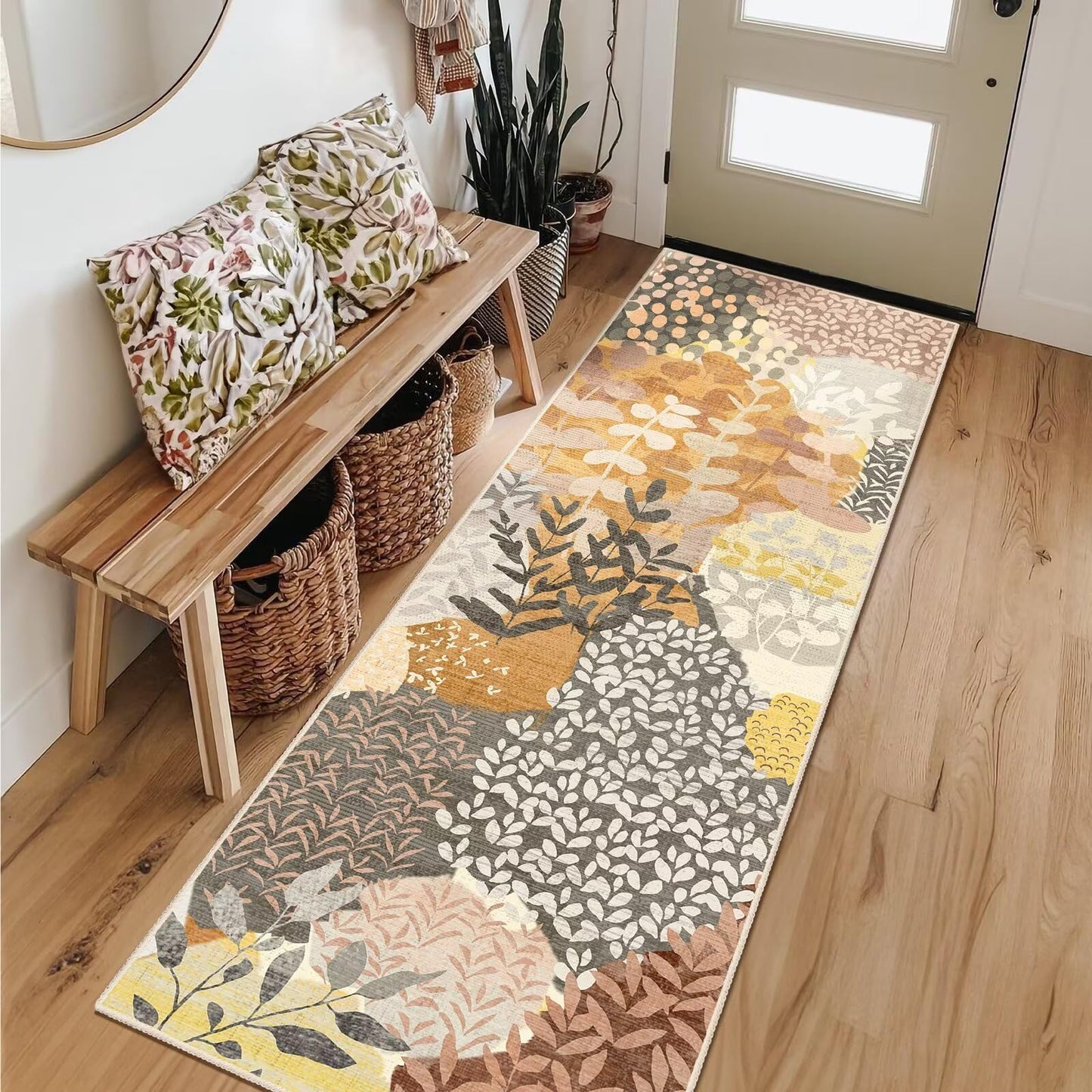 DEXDE Runner Rug 2x6 Fall Washable Hallway Boho Soft Area Rugs Abstract Long Non Slip Botanical Leaves Floral Print Carpet for Entryway, Kitchen, Laundry, Bathroom, Bedroom,Camel