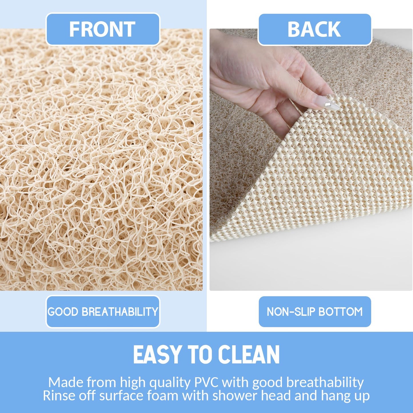 Hargiis Non Slip Bathtub Mat, Foot Scrubber Anti Slip Fast Drying Shower Mat for Tub, Floor,Bathroom, Home, Kitchen, Hotel, Beige, 24x16 Inches