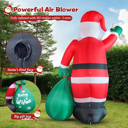 6FT Christmas Inflatable Santa with Candy and Big Gift Bag Outdoor Decorations, Built-in Brilliant Led Lights Blow Up Xmas Yard Decor, Kindly Festival Decor for Yard Lawn Garden Indoor Holiday Party