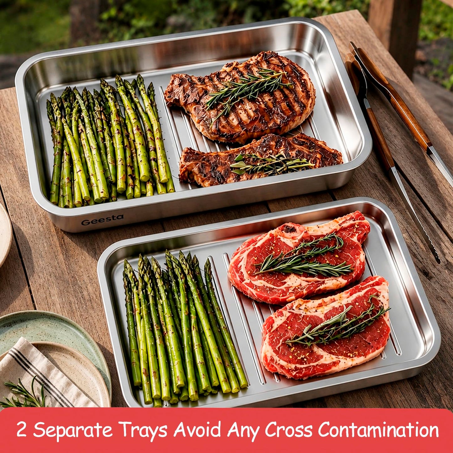 Geesta Grilling Prep and Serve Tays, Stainless Steel Large Capacity Food Prep Tray, Grill Carry System, Marinade Container with Lid and Cutting Board,BBQ Grill Accessories, Grilling Gifts for Men