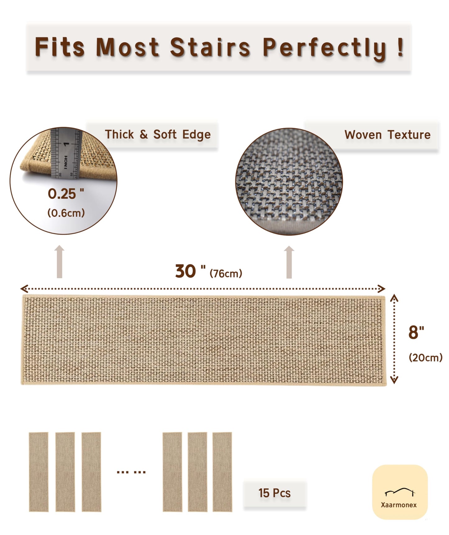 Xaarmonex Natural Linen Stair Treads for Wooden Steps, 15 Pcs 8" x 30",Non Slip Stair Runner, Peel and Stick Carpet Indoor for Kids Elders and Pets (15, Beige, 8" x 30")