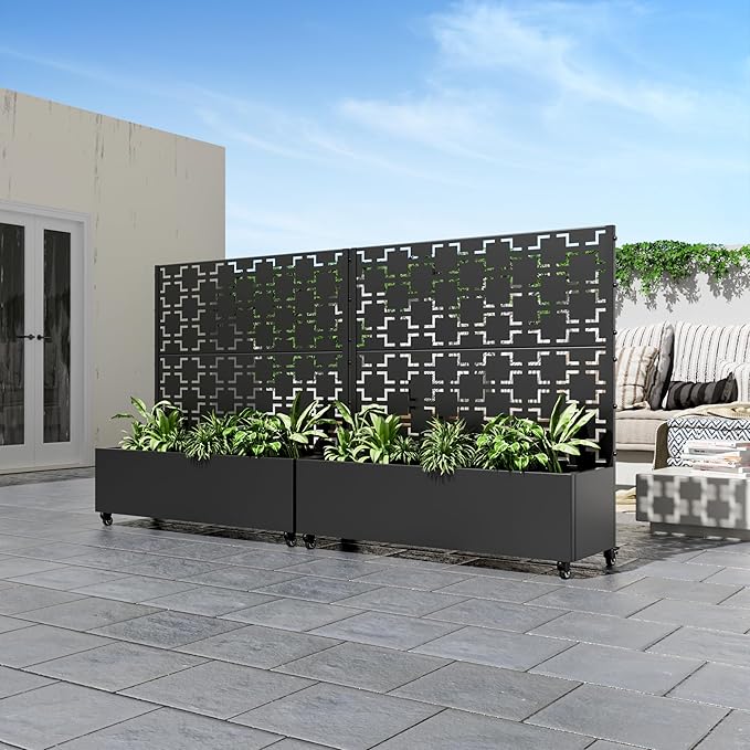 Casaphoria Metal Raised Garden Bed with Trellis and Wheels, 47"x47"x16" Planter Box for Climbing Plants, Vegetables & Vines, Features Drainage Holes and Privacy Screen (Black-Brick)