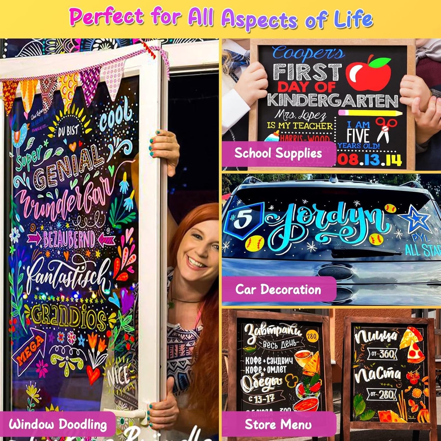 SFAIH 24 Vibrant Chalk Markers for Blackboard [1s Wet Wipe] - No Residue, 6mm Chalk Markers for Chalkboard Calendar, Glass, Window, Menus, Labels, Signs, Car, Non-Toxic, Ideal for Bistro Home