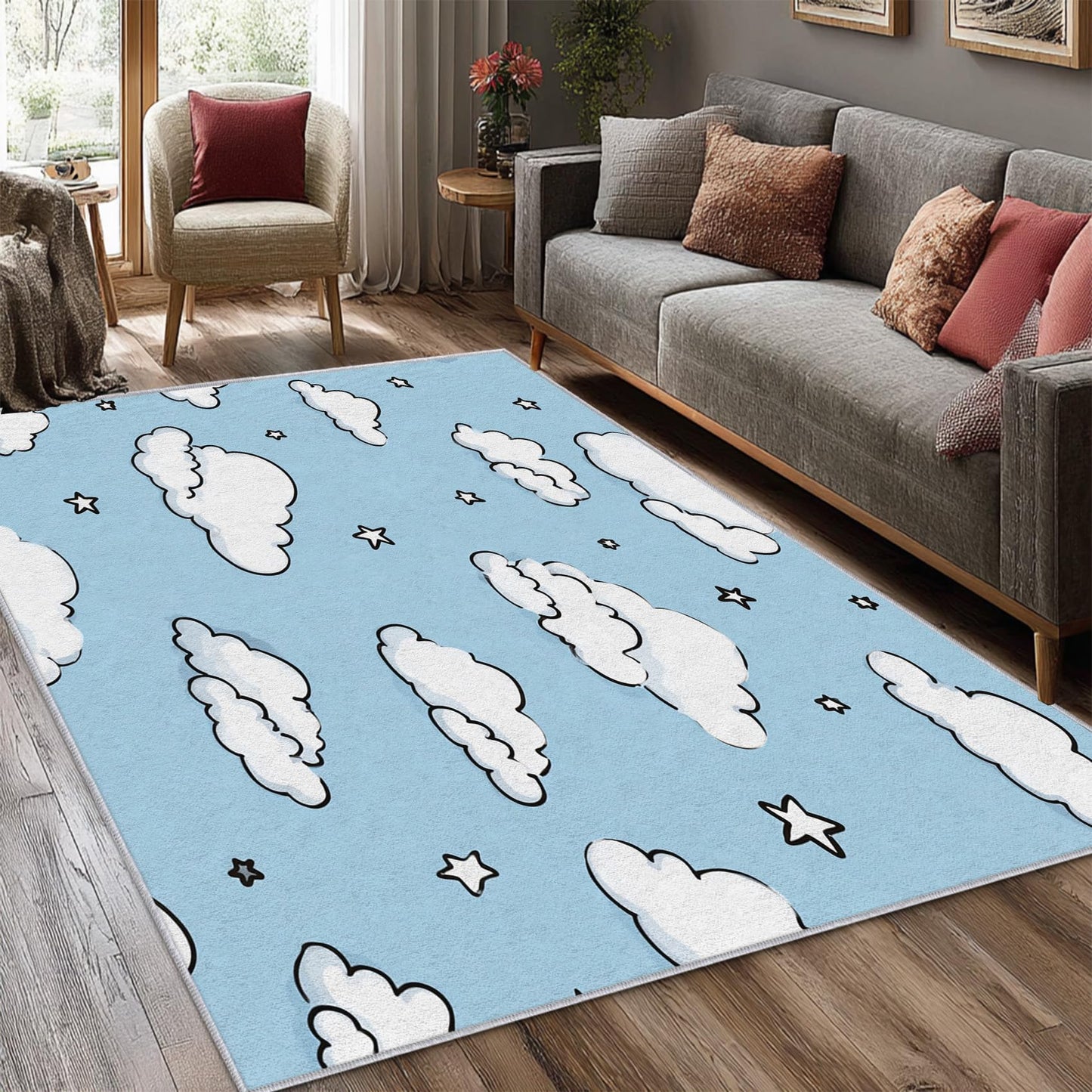 White Cloud Star Rug, Washable Area Rug 5x7 Rugs for Living Room, Cartoon Sky Blue Patterned Indoor Carpet, Cloud Star Decor for Home, Bedroom, Soft Non Slip Thin Design TWR109