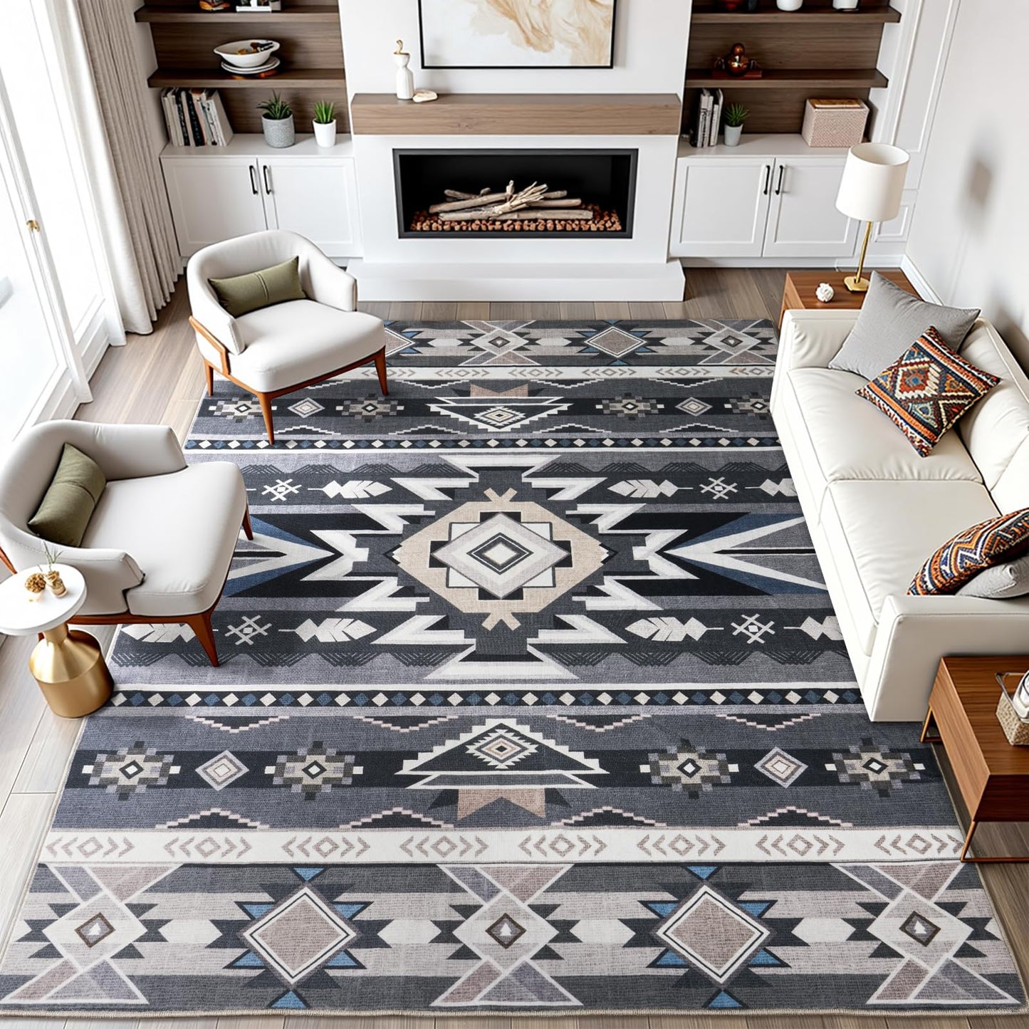 Western Rug for Living Room, 6x9 Non Slip Low Pile Aztec Rug for Bedroom, Dining Room Rugs for Under Table, Office, Large Machine Washable Area Rugs, Grey