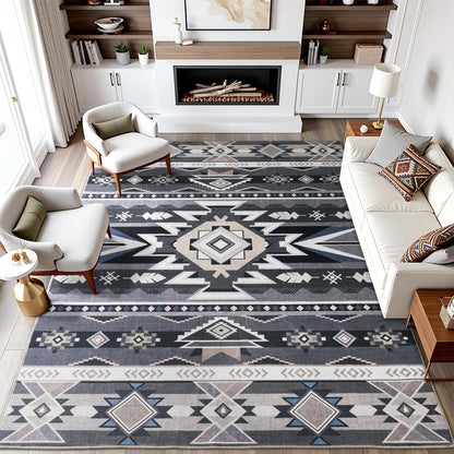 Western Rug for Living Room, 6x9 Non Slip Low Pile Aztec Rug for Bedroom, Dining Room Rugs for Under Table, Office, Large Machine Washable Area Rugs, Grey
