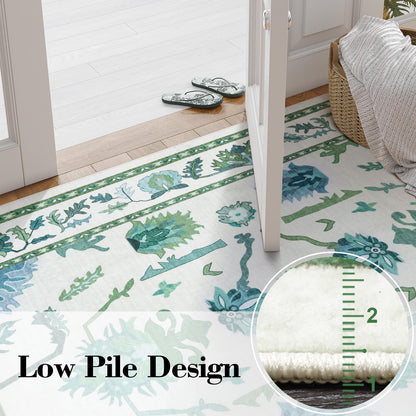 Uphome Green Washable Rugs 8x10, Floral Oushak Rugs for Living Room Bedroom, Non-Slip Soft Turkish Dining Room Rug, Modern Abstract Ultra-Thin Large Carpet for Office Playroom Dorm