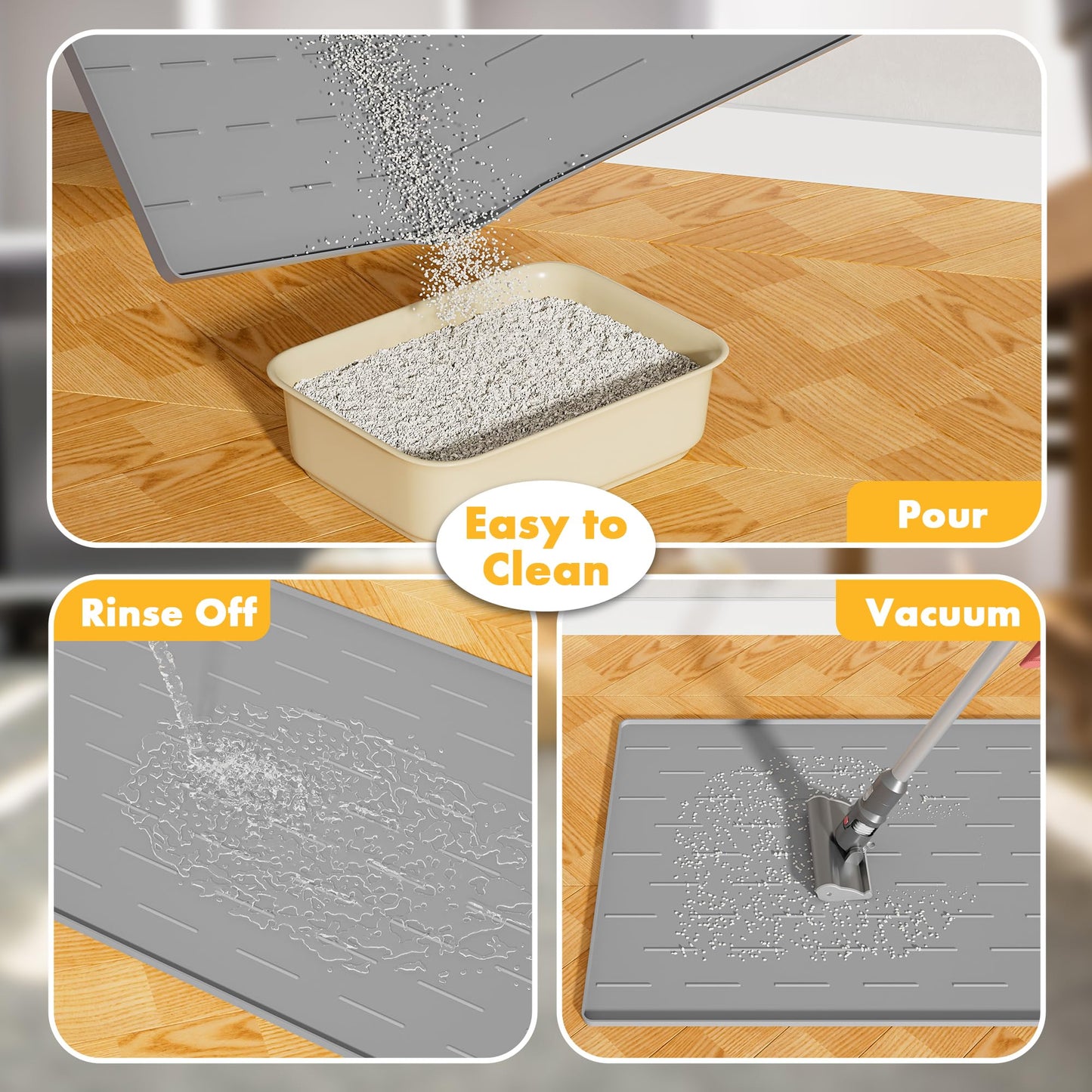 Pieviev Silicone Cat Litter Trapping Mat, 34''x22'' Large Cat Litter Mat, Easy to Clean & Soft on Kitty Paws, Waterproof Kitty Litter Pads for Indoor Cats, Light Grey