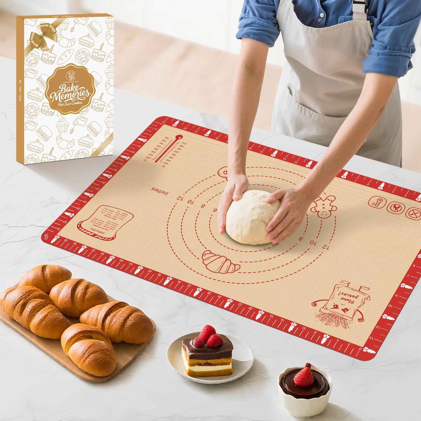 Extra Thick Silicone Baking Mat with Recipes - 26x16 inch Non Stick Pastry Mat with Measurements for Sourdough, Macarons, Bread, Pizza, Dough Rolling, Kneading, Heat Resistant to 480°F Gift for Baker