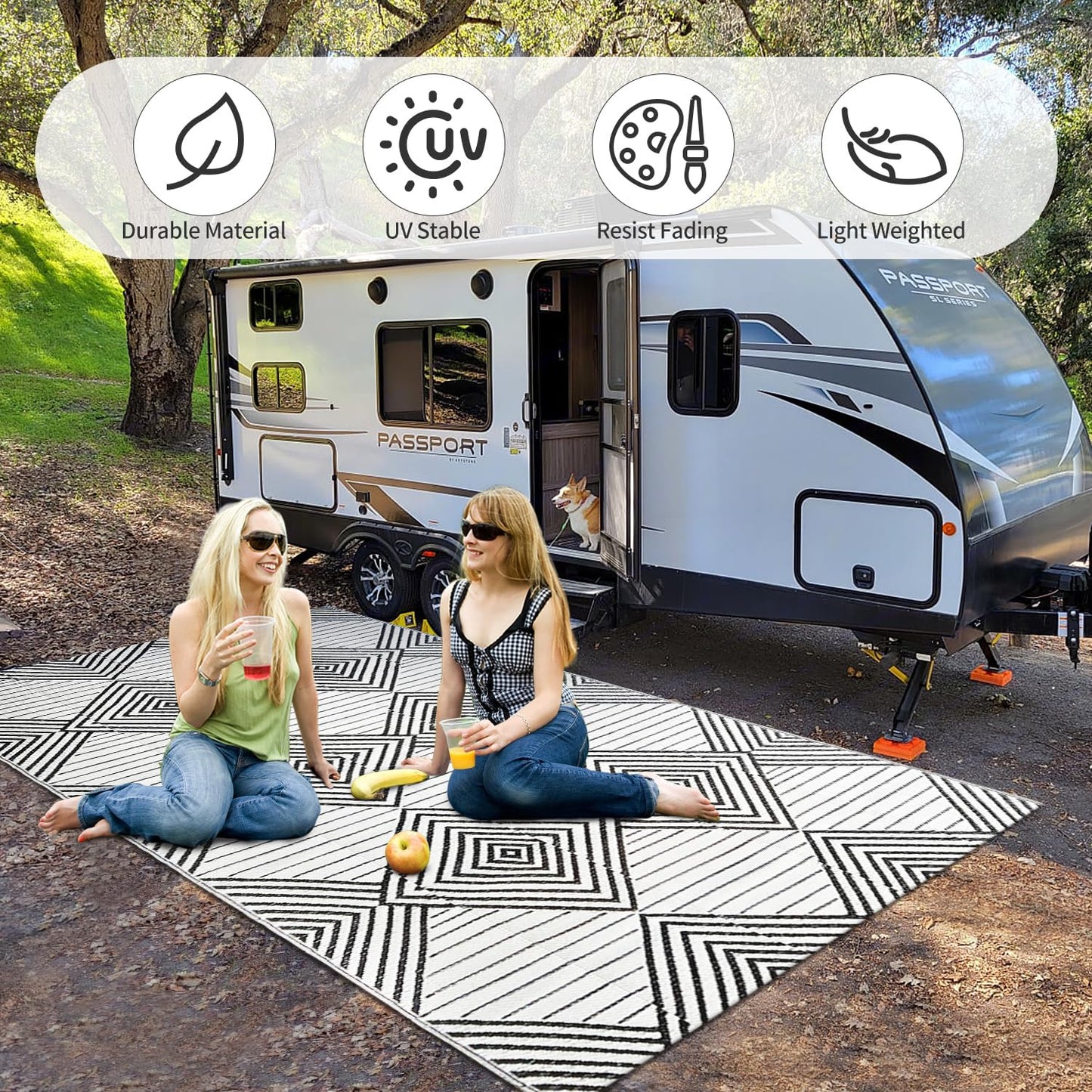 Waterproof Outdoor Rug 5x8ft, Foldable Reversible Plastic Straw Mat for Patio RV Deck Porch Backyard Balcony Camping Picnic Beach Indoor Outdoor Carpet, Black&White