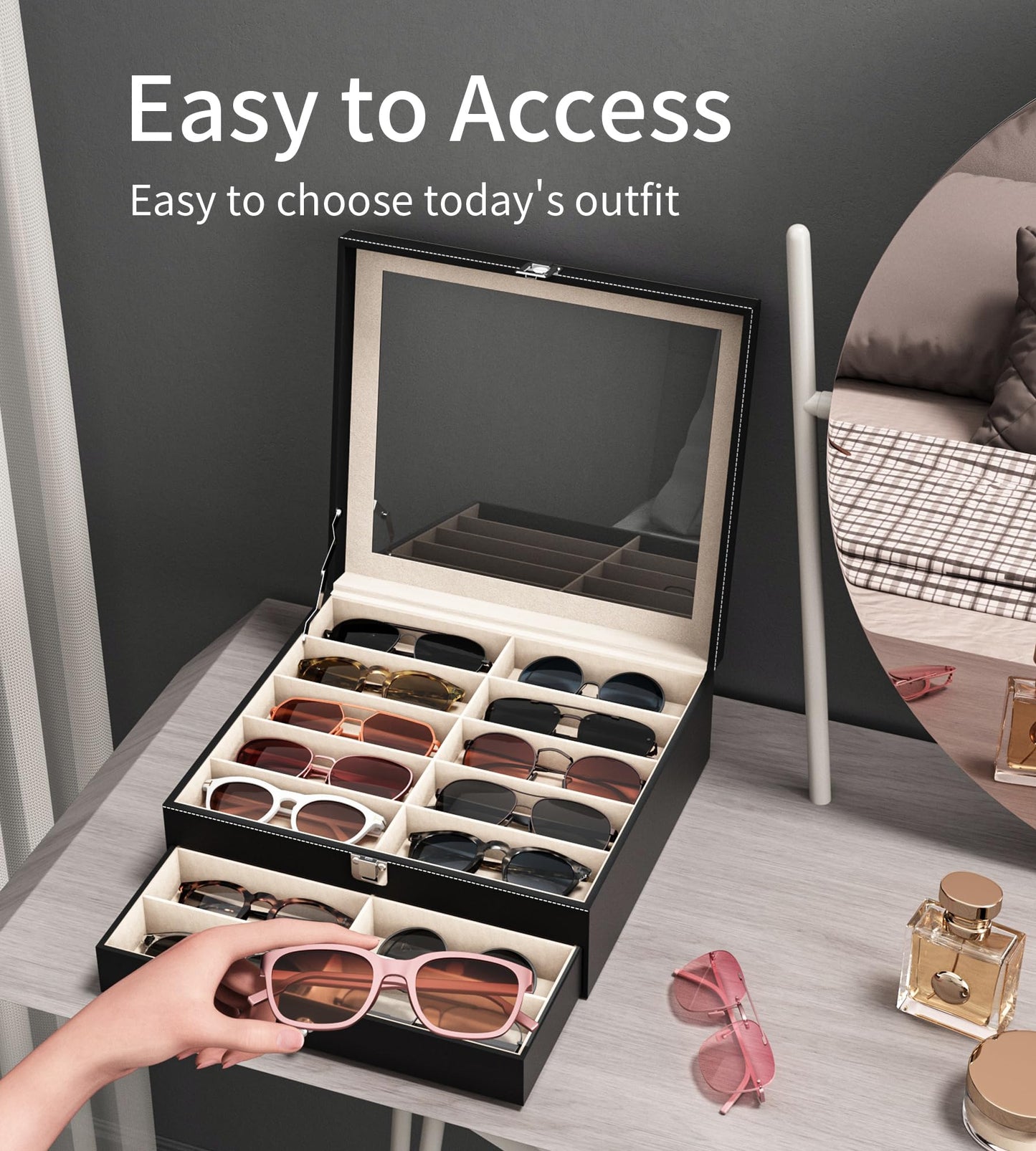 NEWLOOP Sunglasses Case Storage Organizer - Sunglass Organizer See-through Display Case Multiple Pairs Glasses Holder Stand 2-layer Eyeglass Jewelry Watch Collection Box for Men with 20 Slot Black